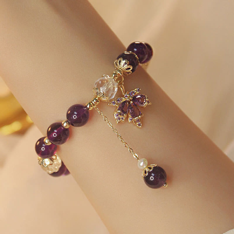 Buddha Stones 14k Gold Plated Natural Amethyst Healing Maple Leaf Charm Bracelet Bracelet BS Amethyst(Inner Peace♥Healing)