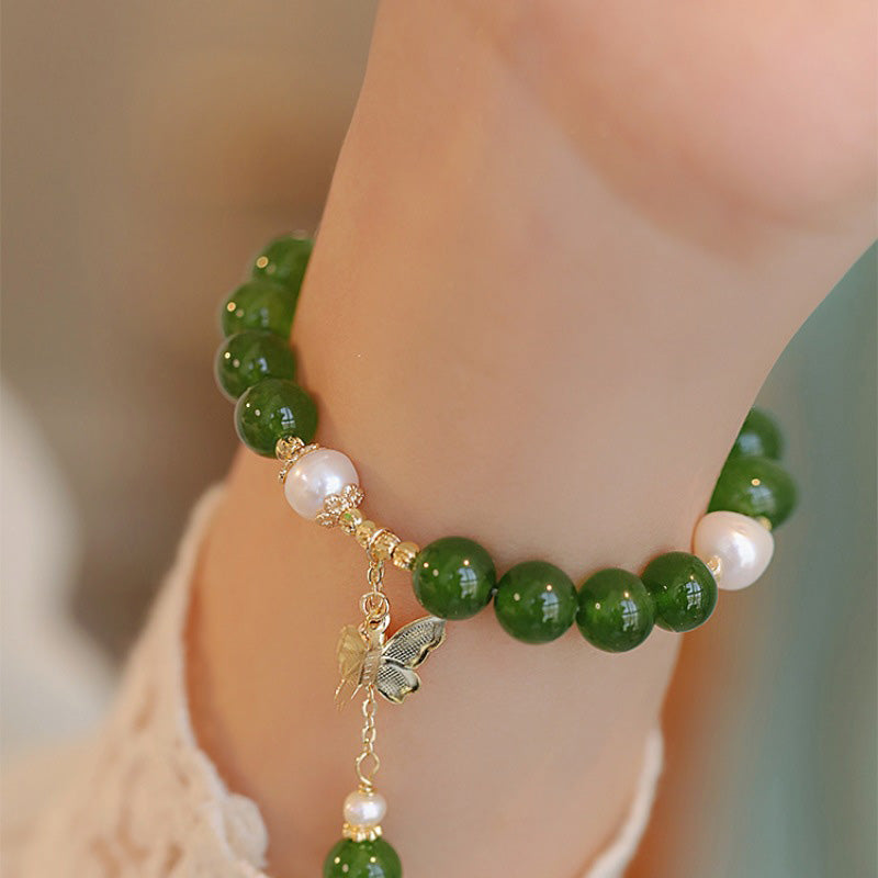 Buddha Stones Natural Green Chalcedony Pearl Butterfly Courage Strength Bracelet Bracelet BS 4