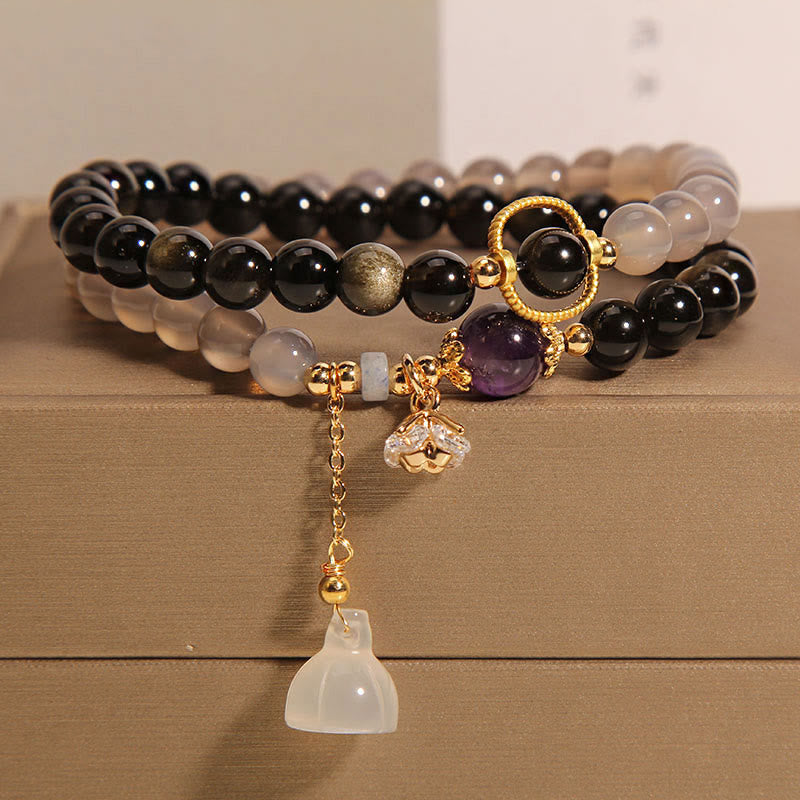 Buddha Stones Gold Sheen Obsidian Gray Agate Lotus Charm Strengthen Double Wrap Bracelet Bracelet BS Gold Sheen Obsidian Gray Agate(Wrist Circumference 14-15cm)
