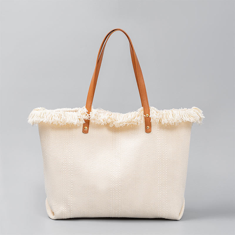 Buddha Stones Large Capacity Solid Color Tassel Canvas Tote Shoulder Bag Shoulder Bag BS White 50*10*35cm