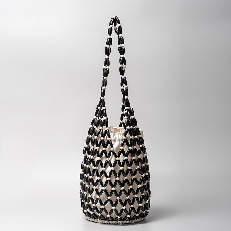 Buddha Stones Hand-woven Wooden Beads Bucket Shoulder Bag Handbag Handbags BS Black 16.5*16.5*36cm
