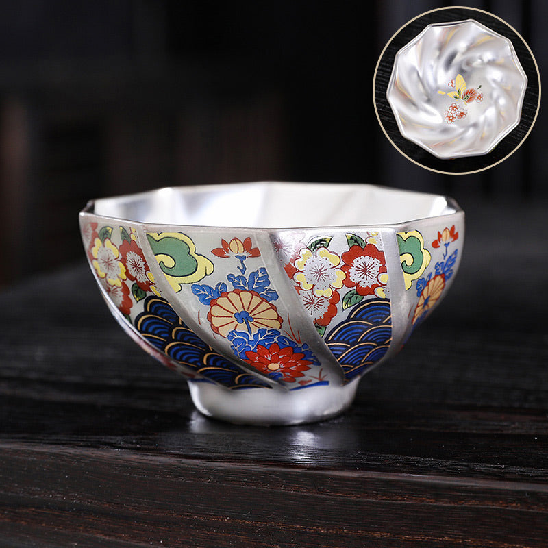 Buddha Stones 999 Sterling Silver Gilding Chrysanthemum Flowers Ceramic Teacup Kung Fu Tea Cup Cup BS Flowers 8.7cm*4.7cm*100ml