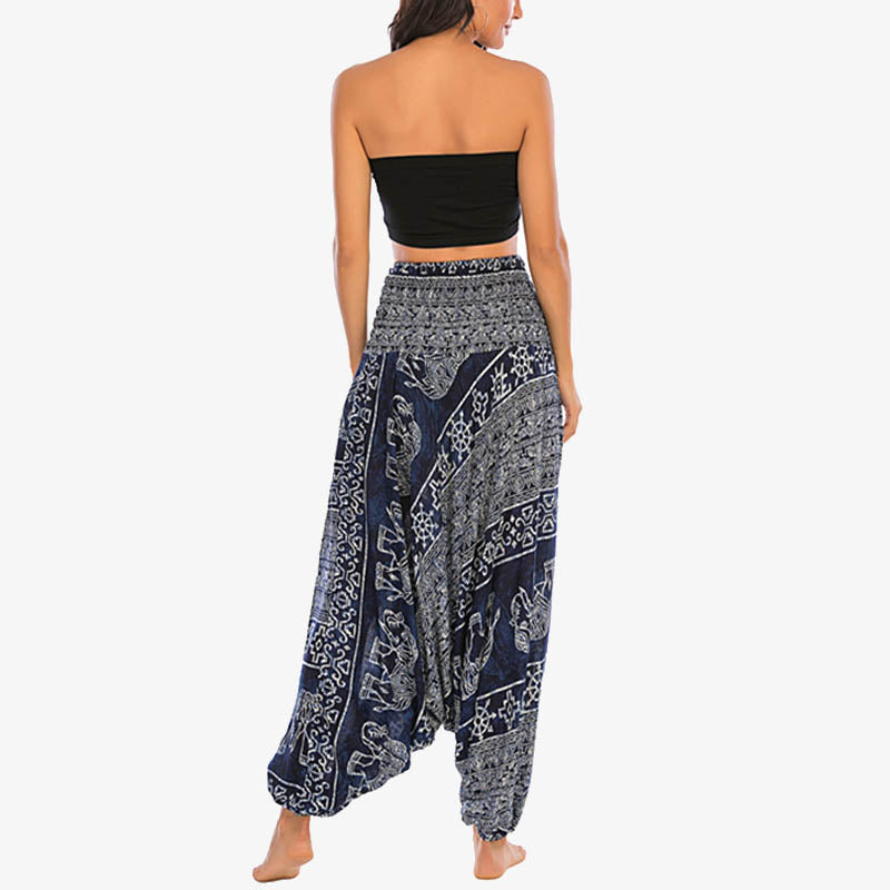 Buddha Stones Two Style Wear Elephant Pattern Loose Smocked Harem Trousers Jumpsuit Women's Yoga Pants Harem Pants&Bodysuit BS 35