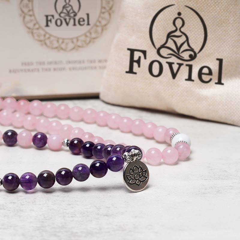 Buddha Stones Natural Rose Quartz & Amethyst Mala Bead Lotus Pendant Bracelet - image 3
