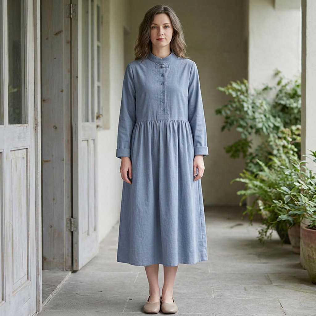 Cornflower blue mandarin-collar long-sleeve dress, styled outfit illustration.