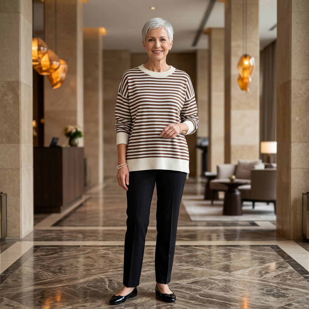 Sienna striped long-sleeve knit top, styled outfit illustration in a hotel foyer.