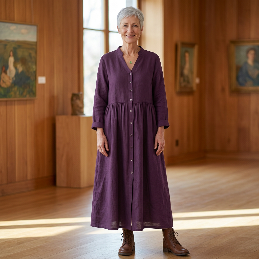 Purple button-up long-sleeve dress, styled outfit illustration 2.