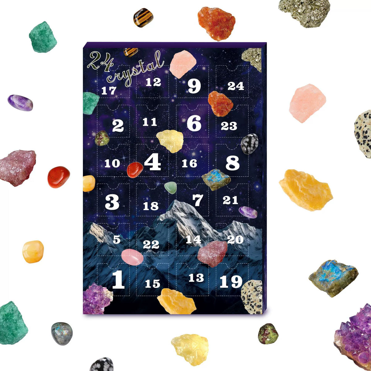 Purple celestial numbered-door calendar box with example stones; assortment varies