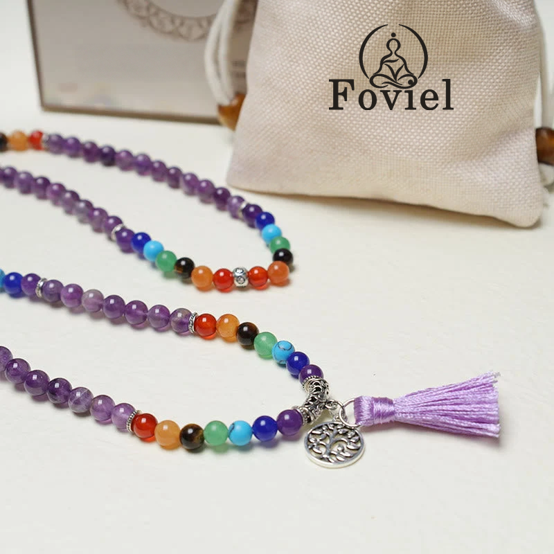 Foviel Healing Crystal Mala Prayer Beads 108 Meditation Healing Multilayer Bracelet Necklace