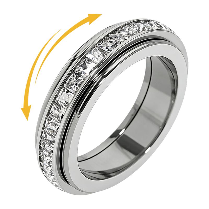 diagram of the silver-tone stone-set ring with an outer-band rotation arrow.