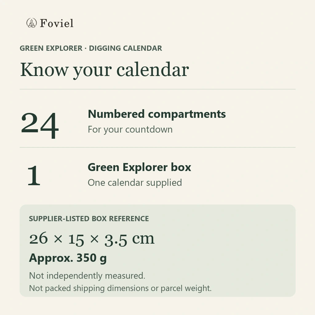 Green Explorer calendar reference card: 24 numbered compartments, one box, and supplier-listed box dimensions 26 by 15 by 3.5 centimetres; not independently measured
