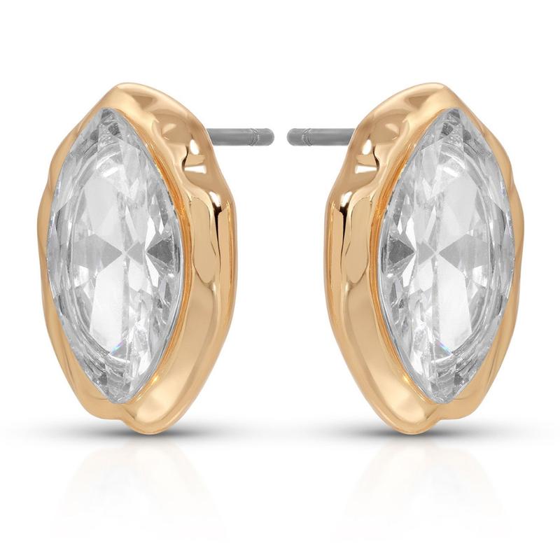 Angled clear marquise studs showing gold-tone setting sides and straight silver-tone posts.