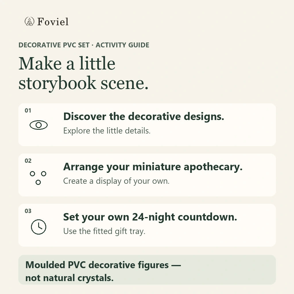 Original guide to arranging the Crystal Witch apothecary figures and using the fitted gift tray for your own 24-night countdown; moulded PVC decorative figures, not natural crystals