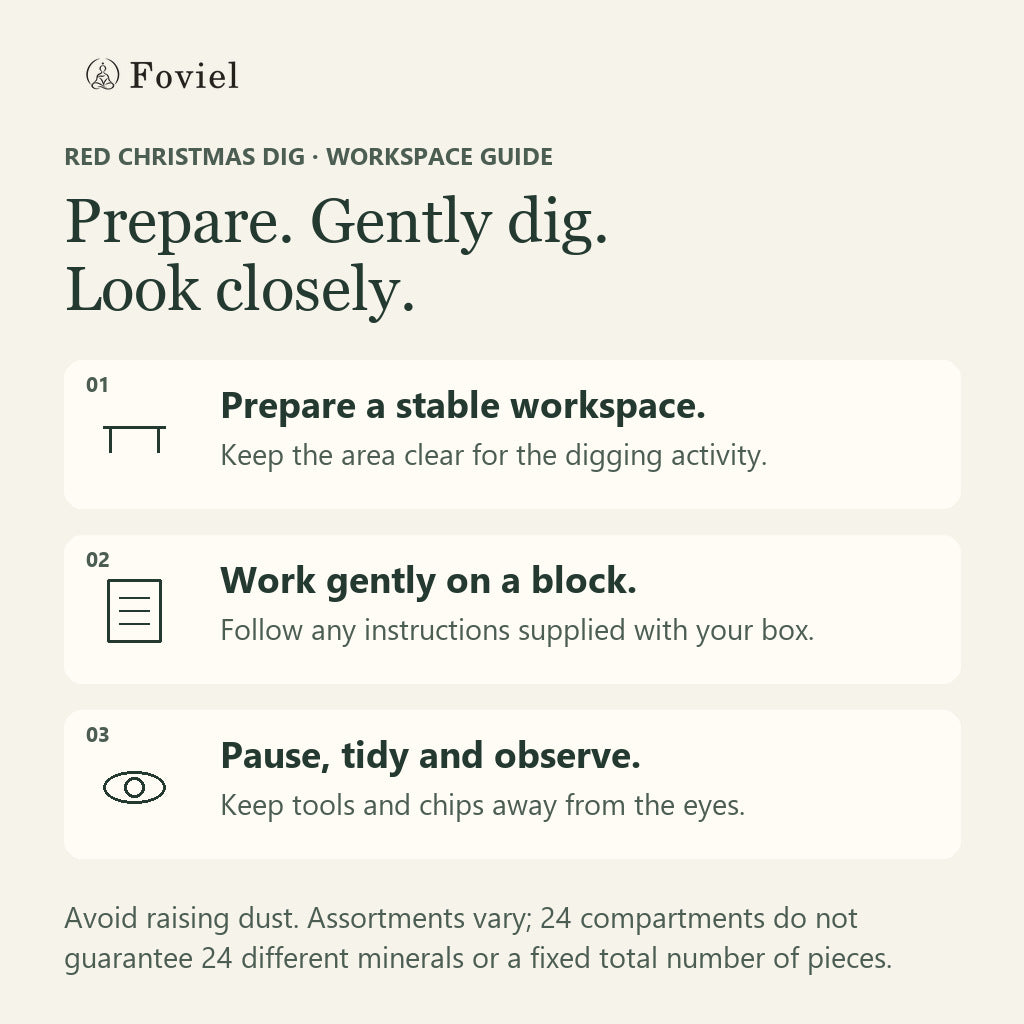 Original Red Christmas digging-calendar workspace guide: use a stable surface, work gently on a block following any supplied instructions, tidy up and look closely; avoid raising dust.