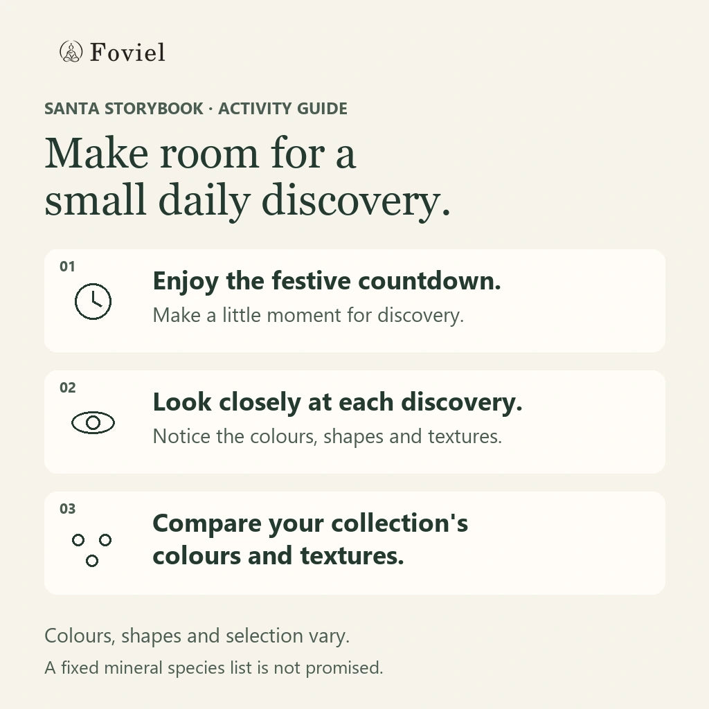 Original Santa Storybook activity guide: enjoy the festive countdown, look closely at discoveries and compare colours and textures; assortments vary