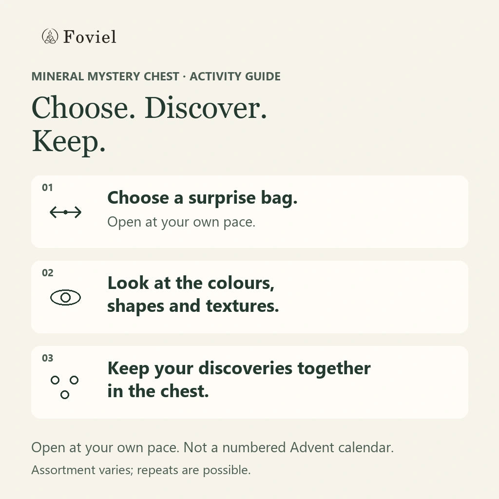 Original guide to the mineral mystery chest: choose a surprise bag, look at colours, shapes and textures, and keep discoveries in the wooden chest; assortments vary and repeats are possible
