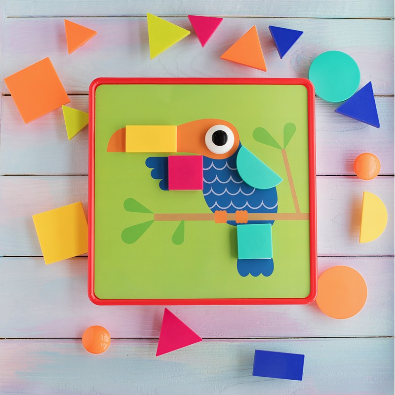 Fidtoy Geometric Button Puzzle with Storage Box, Plastic Shape and Color Matching Toy with 22 Geometric Buttons, 12 Picture Cards and 2 Fixing Clips Ages 3+
