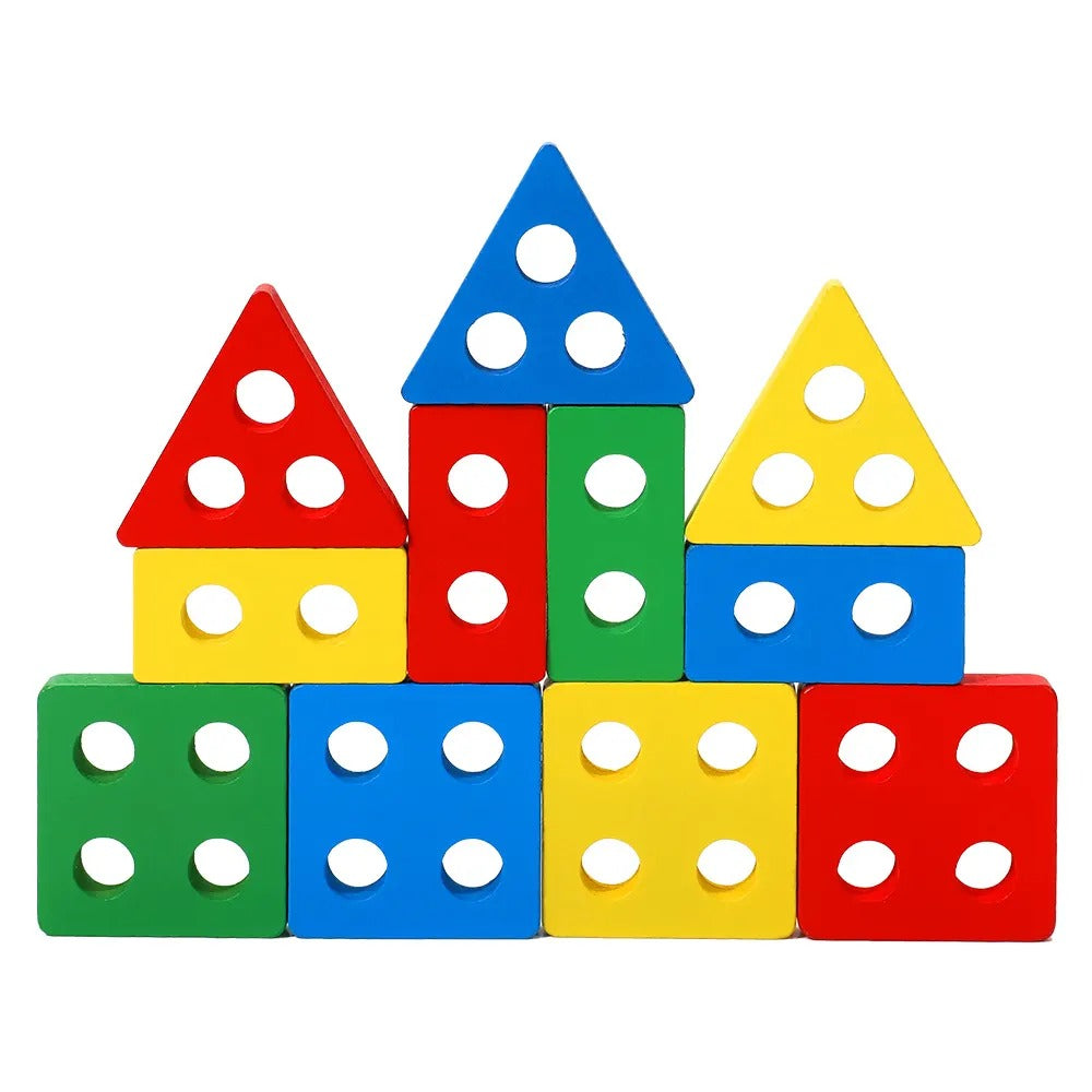 Fidtoy 2 in 1 Geometrical Shapes Learning Four Columns, Wooden Shape Sorting and Stacking Puzzle with 16 Geometric Blocks and Threading Rope Ages 2-6