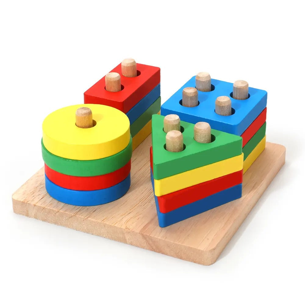 Fidtoy 2 in 1 Geometrical Shapes Learning Four Columns, Wooden Shape Sorting and Stacking Puzzle with 16 Geometric Blocks and Threading Rope Ages 2-6