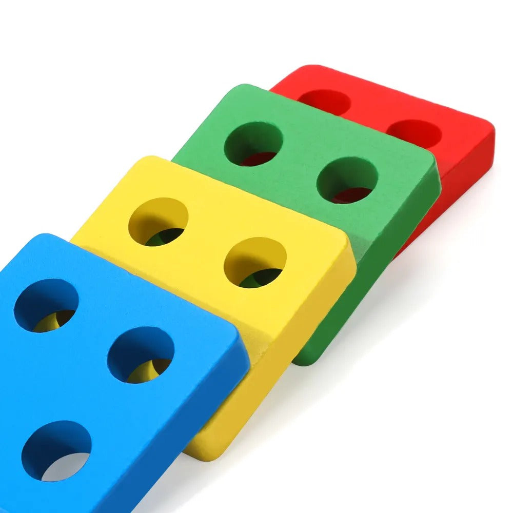 Fidtoy 2 in 1 Geometrical Shapes Learning Four Columns, Wooden Shape Sorting and Stacking Puzzle with 16 Geometric Blocks and Threading Rope Ages 2-6
