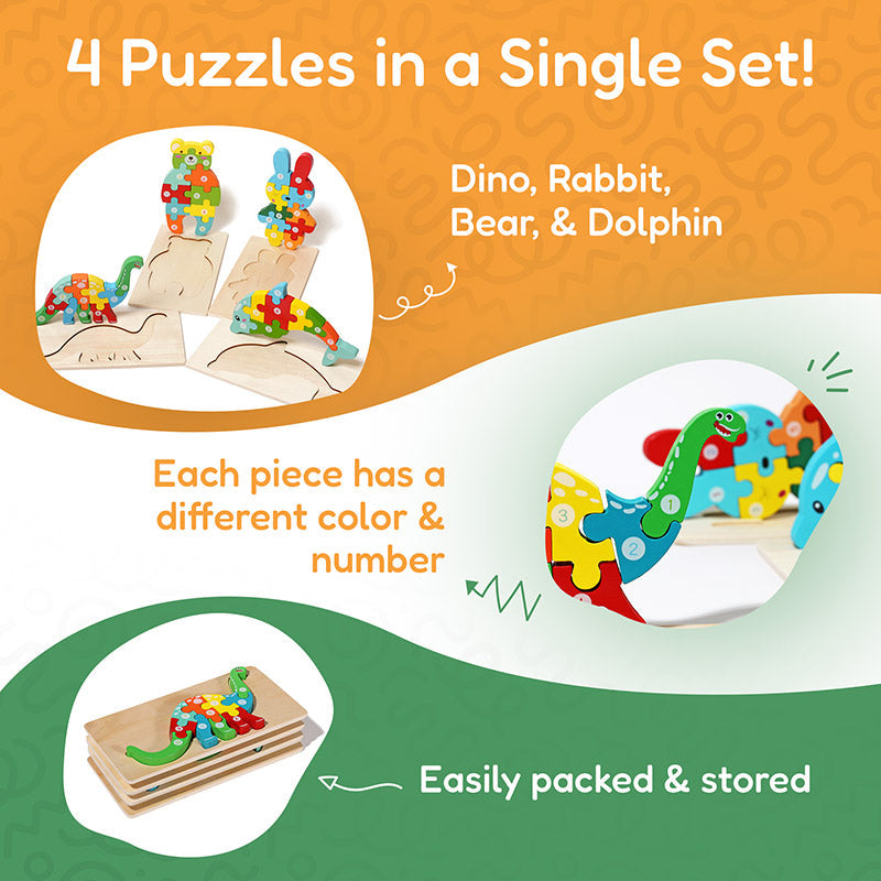 Fidtoy Wooden Animal Puzzle Set for Toddlers – 4 Pack Kids Shape Matching Puzzle Toy