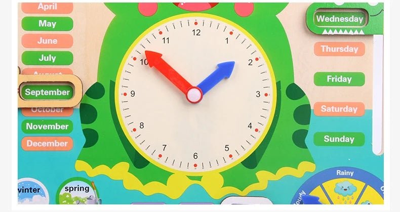 Juguetes de reloj de madera Montessori con forma de rana para niños, aprendizaje de calendario, clima, estación, hora, semana, juguete educativo temprano