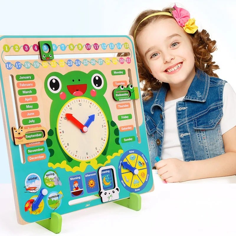 Montessori Wooden Frog Clock Toys For Kids,Learning Calendar,Weather,Season,Time,Week,Early Educational Toy