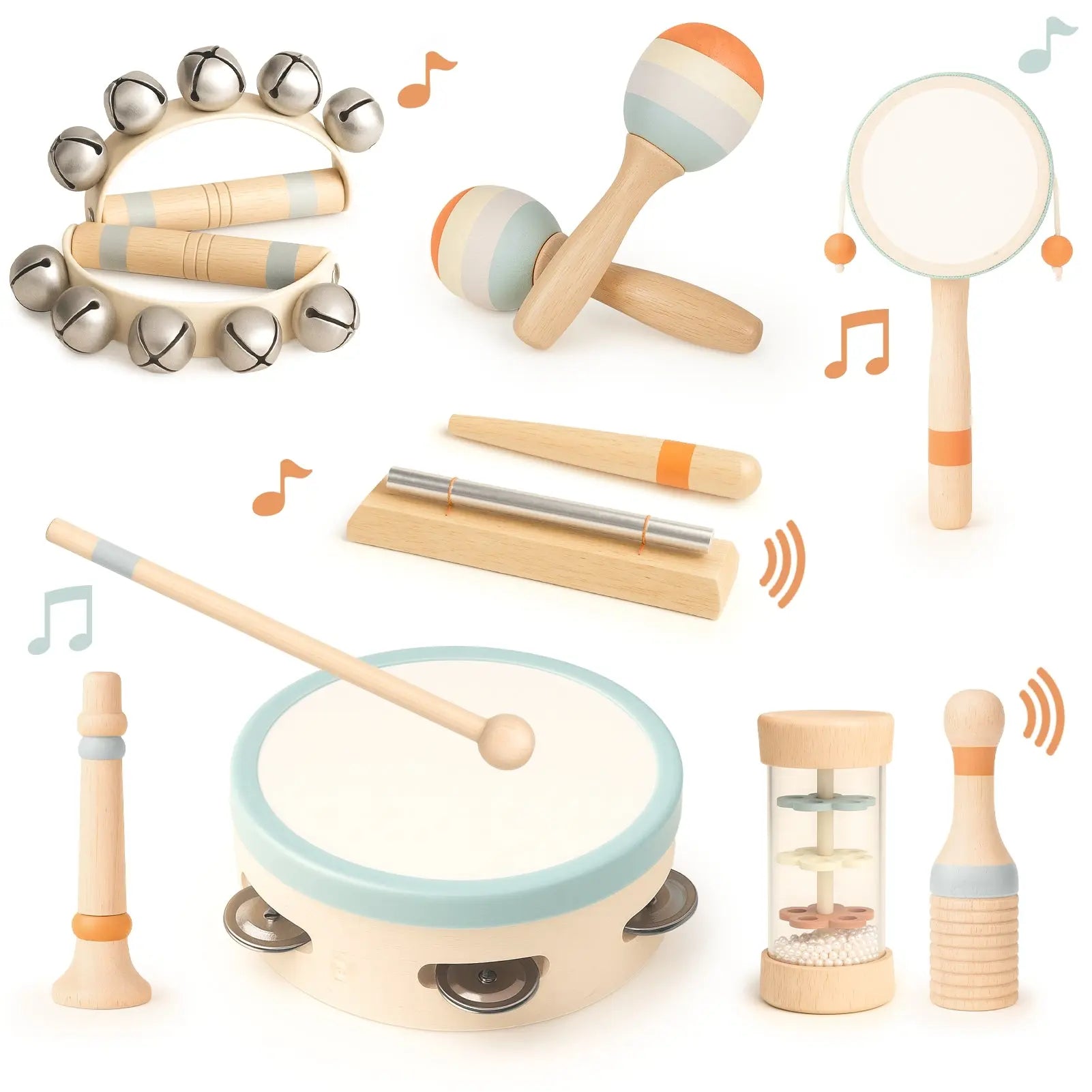 Fidtoy 8-Piece Wooden Musical Toys for Toddlers Rhythm Instruments Set with Drum Bells and Maracas