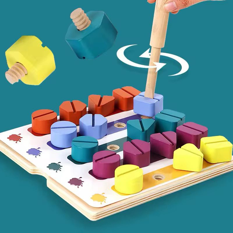 Tablero de tornillos de madera Montessori | Juguete de clasificación y combinación de formas de tuercas arcoíris