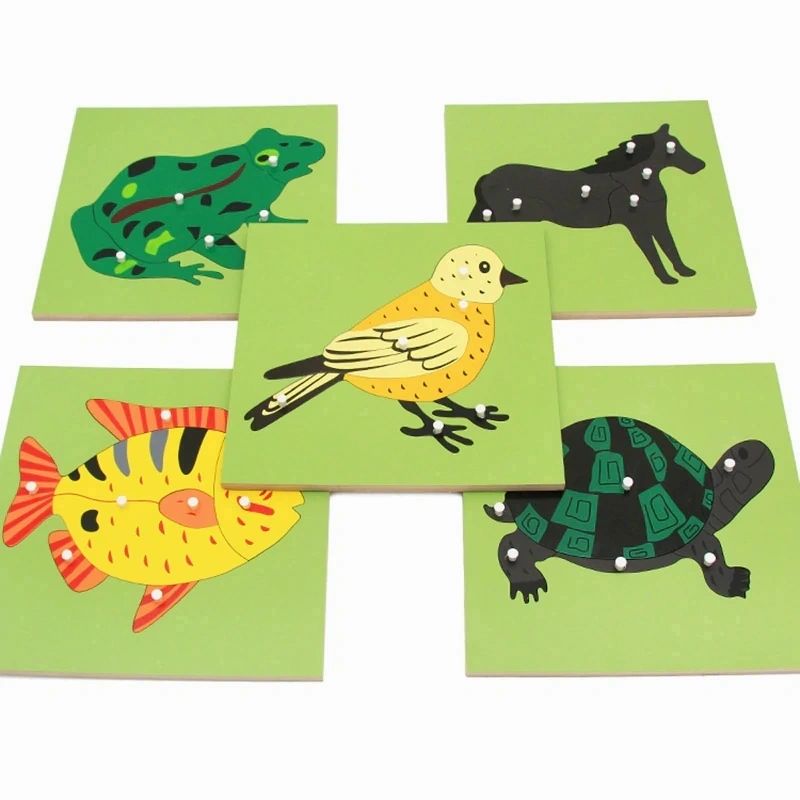 Montessori Animal Puzzles Turtle Bird Frog Horse Fish Rooster Ladybug Butterfly Wooden Educational Preschool Kindergarten Toy