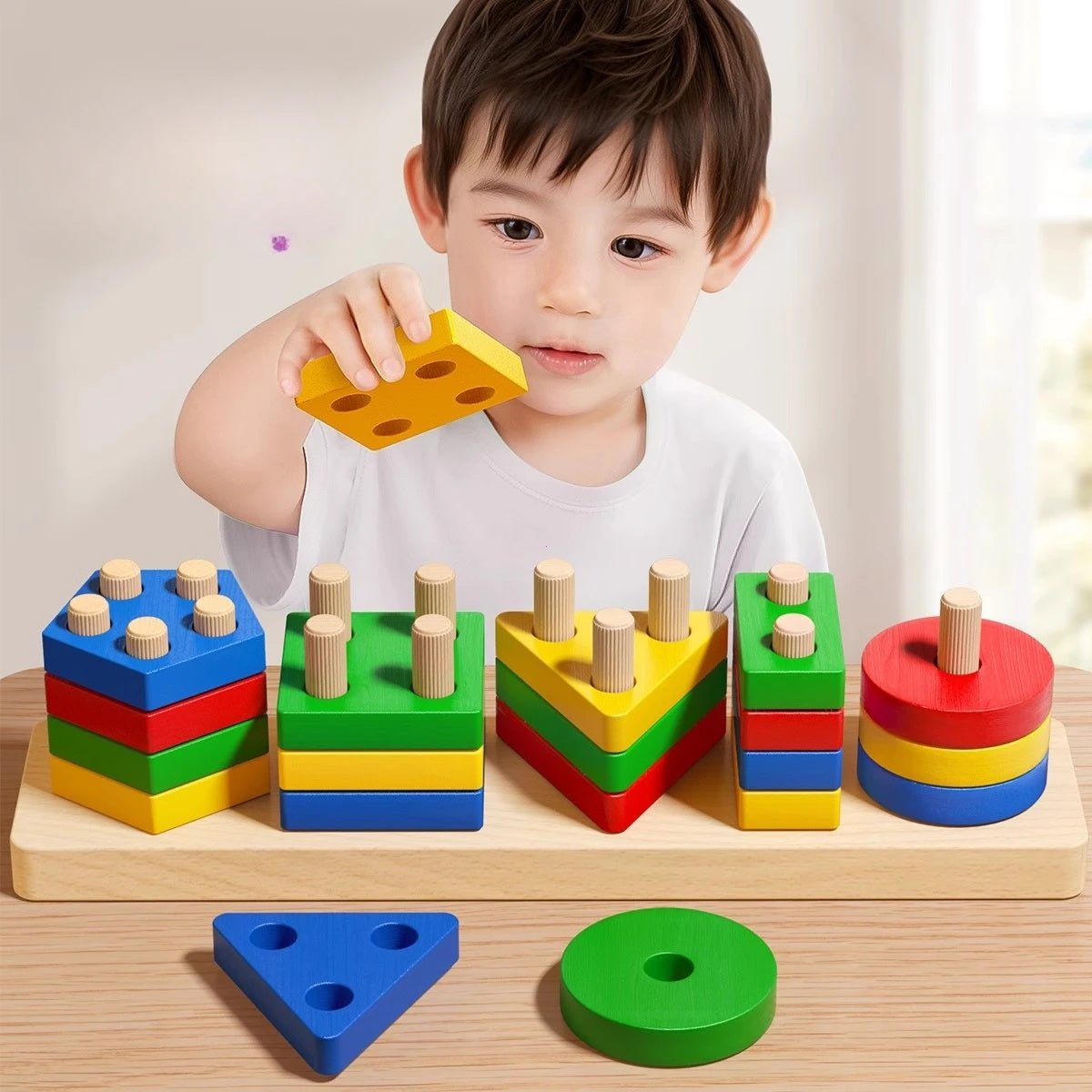Shapes Tower Stacker – 5 Shape, 4 Layer Wooden Brain Development Toy