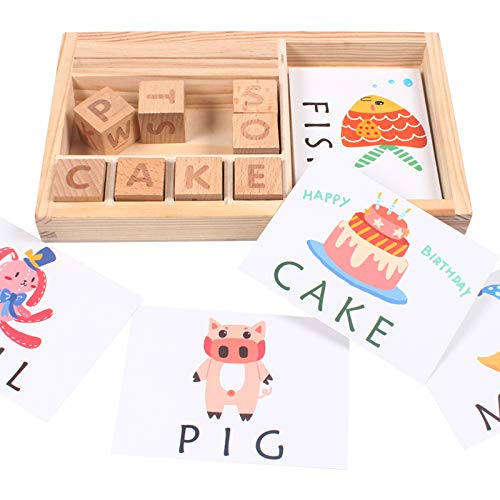 Fidtoy Wooden Spelling Matching Game with ABC Blocks and Word Cards for Kids Ages 3+