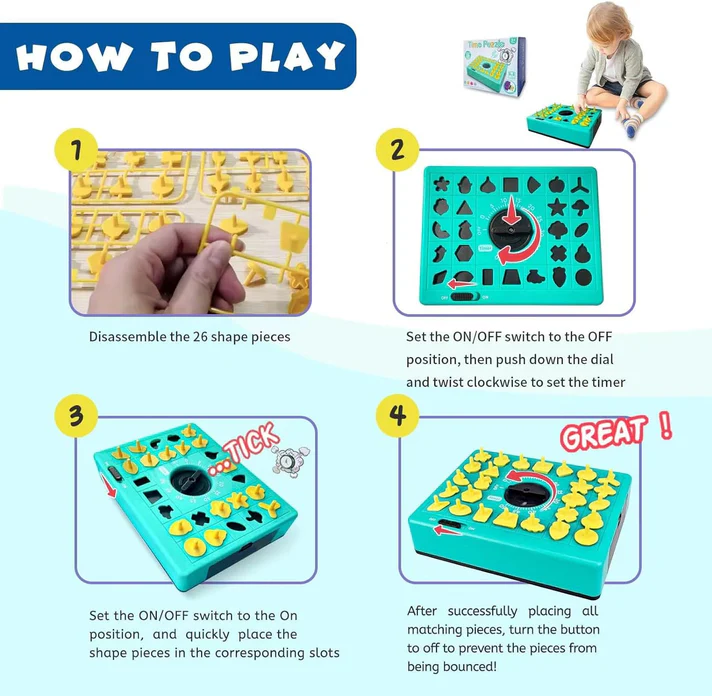 Fidtoy Time Puzzle Mind Challenge Board Game for Kids | Plastic Timed Shape Matching Game, 26 Pieces, Built-In Timer, Travel Puzzle Board, Shape Recognition & Deductive Reasoning Toy Age 3+