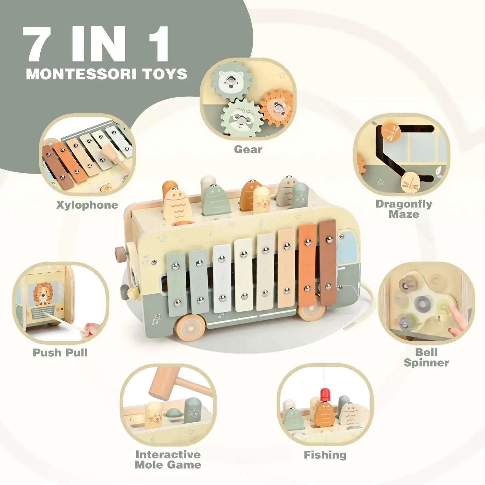 Fidtoy Montessori Hammering Toy 7-in-1 Wooden Activity Cube for Toddlers Musical Learning Toy
