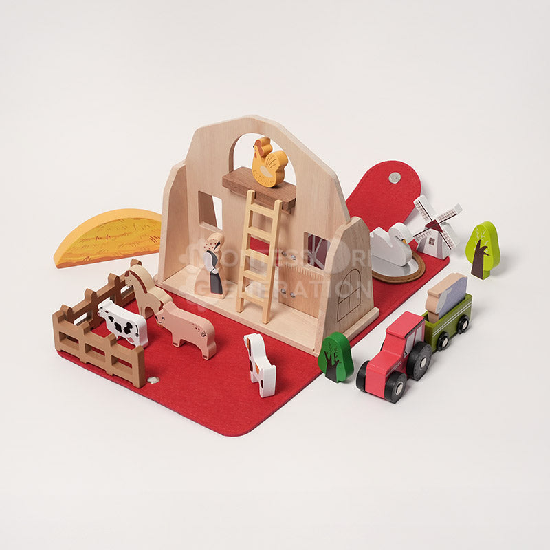 Fidtoy Traveling Farm Play Set for Toddlers – Portable Pretend Play Toy with 16 Wooden Animals Age 2+