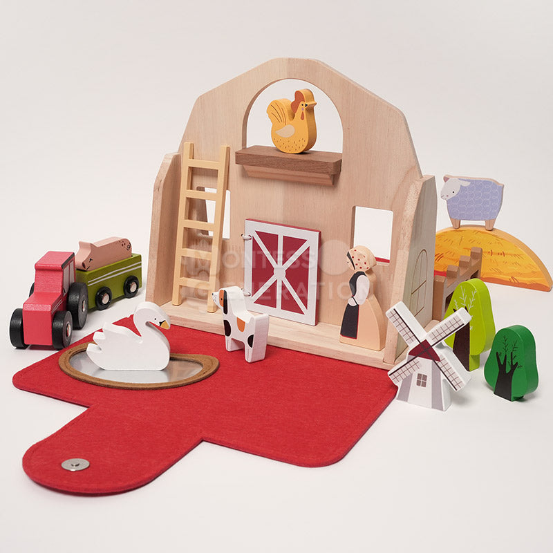 Fidtoy Traveling Farm Play Set for Toddlers – Portable Pretend Play Toy with 16 Wooden Animals Age 2+