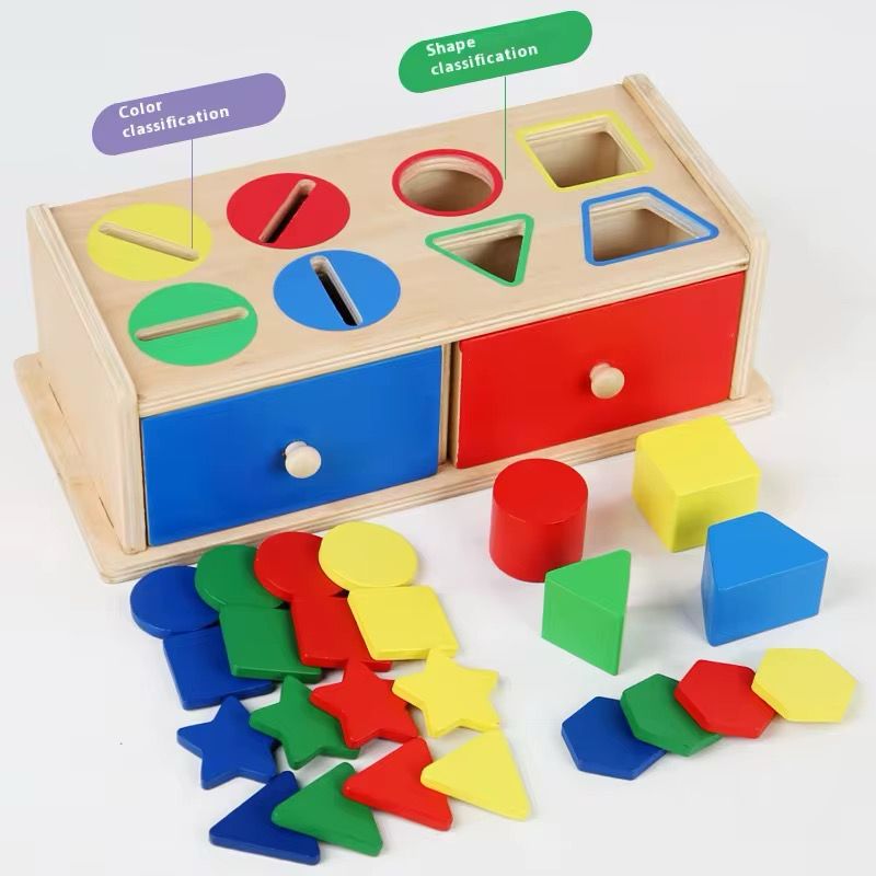 Boîte de permanence d'objet en bois - Tri des couleurs et des formes avec tiroirs doubles
