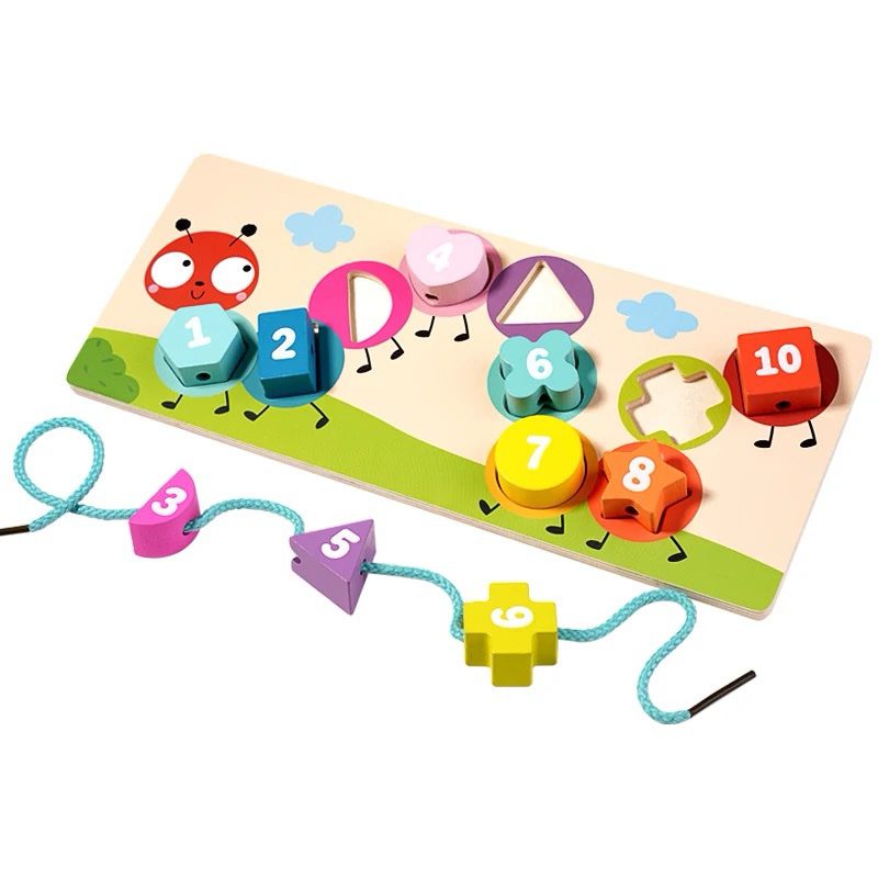 Montessori Counting and Shape Sorting Toy – Wooden Lacing Board for Preschool Math and Fine Motor Development