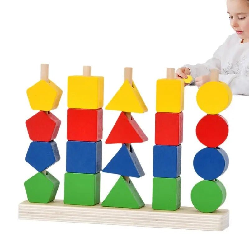 Clasificador de 5 pilares de madera con cordón, juguete apilable, cuentas educativas, motricidad fina