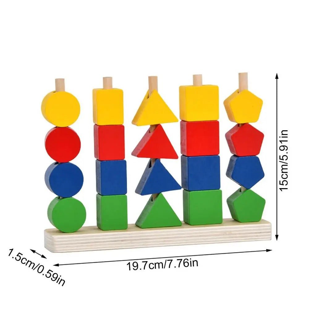 Clasificador de 5 pilares de madera con cordón, juguete apilable, cuentas educativas, motricidad fina