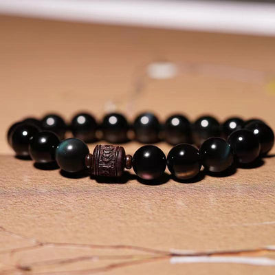 Buddha Stones Natural Gold Sheen Obsidian Rainbow Obsidian Om Mani Padme Hum Fu Character Healing Bracelet Bracelet BS 12mm Rainbow Obsidian Om Mani Padme Hum(Wrist Circumference 14-16cm)