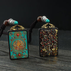 Buddha Stones Tibet God Of Wealth Money Tree Golden Phoenix Thangka Ebony Peace Necklace Pendant Necklaces & Pendants BS main