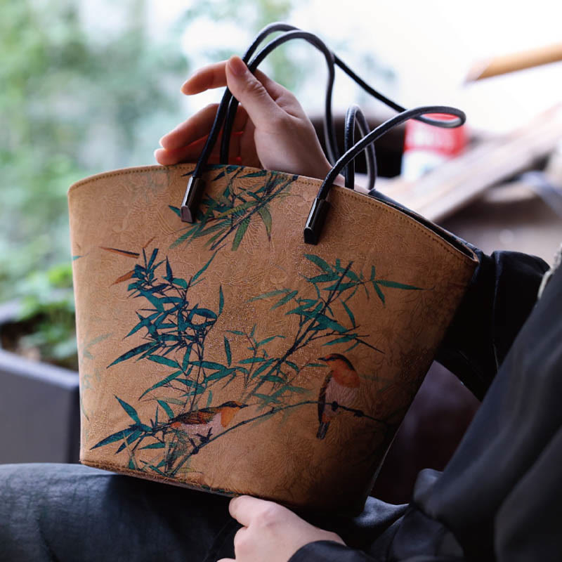 Buddha Stones Vintage Bamboo Magpie Peony Butterfly Large Capacity Shoulder Bag Handbag Shoulder Bag BS 1