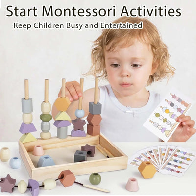 Fidtoy Wooden Toy for Toddlers Color Shape Matching Stacking Threading Learning Toy Set