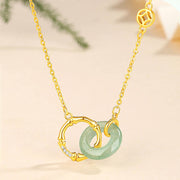 Foviel 925 Sterling Silver Natural Green Aventurine Peace Buckle Bamboo Coin Prosperity Necklace Pendant