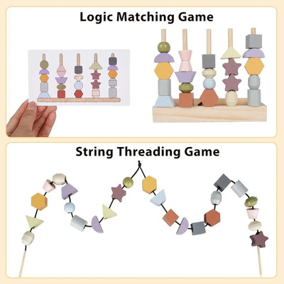 Fidtoy Wooden Toy for Toddlers Color Shape Matching Stacking Threading Learning Toy Set