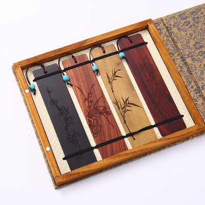 Buddha Stones 4Pcs Four Seasons Plum Orchid Bamboo Chrysanthemum Peking Opera Mask Wood Bookmarks With Gift Box Bookmarks BS 4Pcs Plum Orchid Bamboo Chrysanthemum