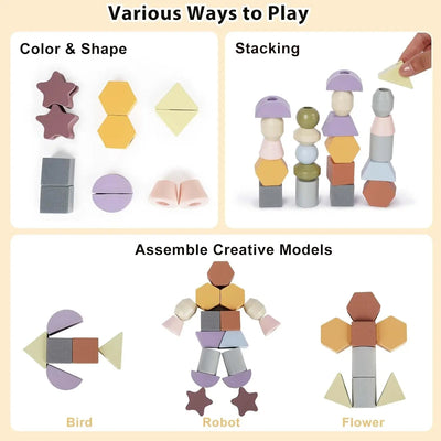 Fidtoy Wooden Toy for Toddlers Color Shape Matching Stacking Threading Learning Toy Set