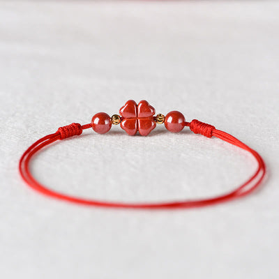 Buddha Stones Four Leaf Clover Cinnabar Blessing Calm String Bracelet Anklet Bracelet BS 13