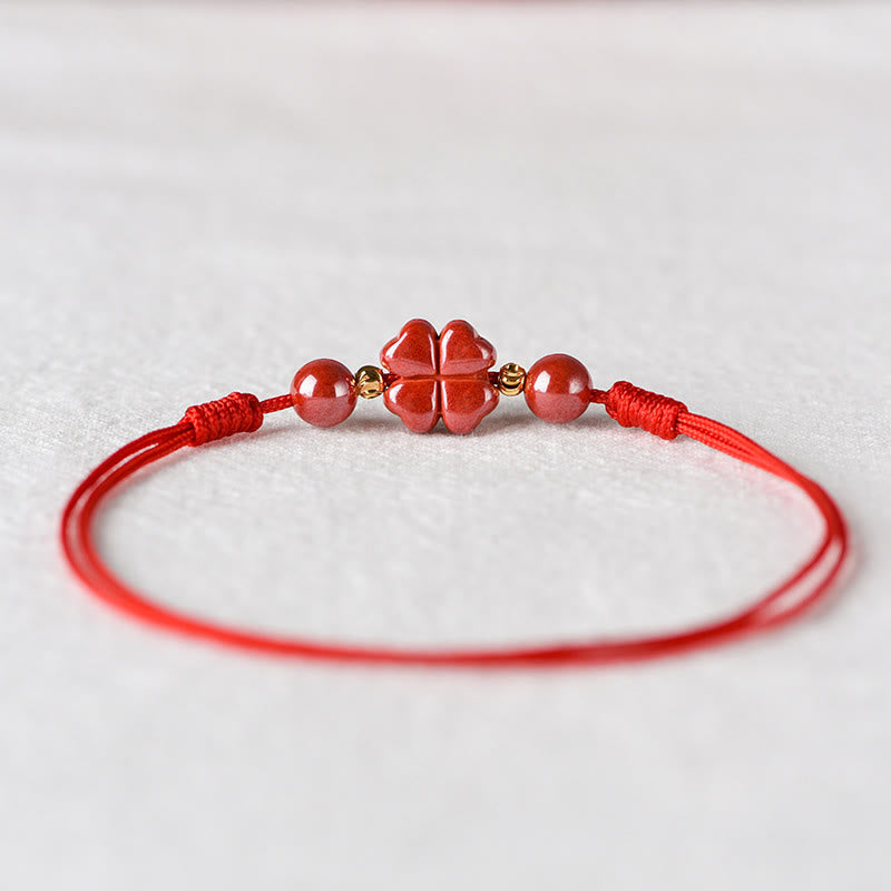 Buddha Stones Four Leaf Clover Cinnabar Blessing Calm String Bracelet Anklet Bracelet BS 13